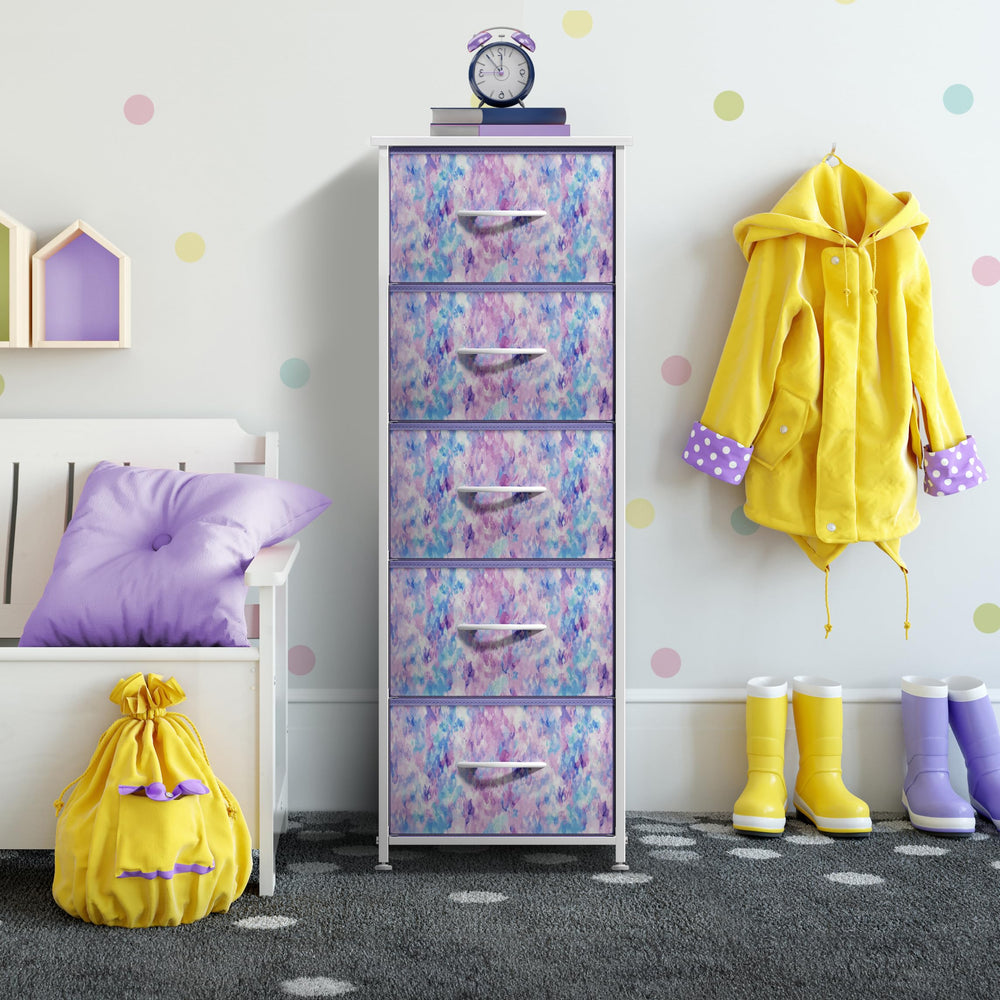 Sorbus fabric dresser assembled in playroom beside nightstand helps reduce clutter.