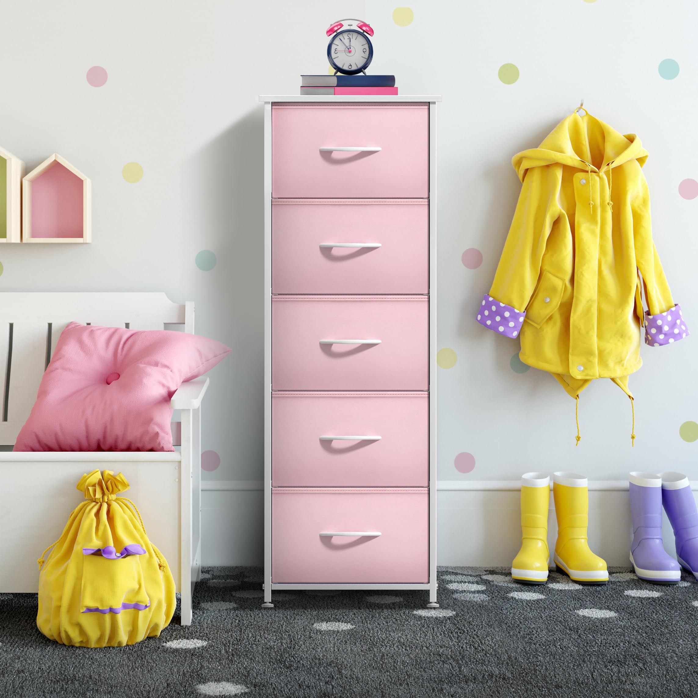 Sorbus fabric dresser room layout shows compact storage in small spaces.