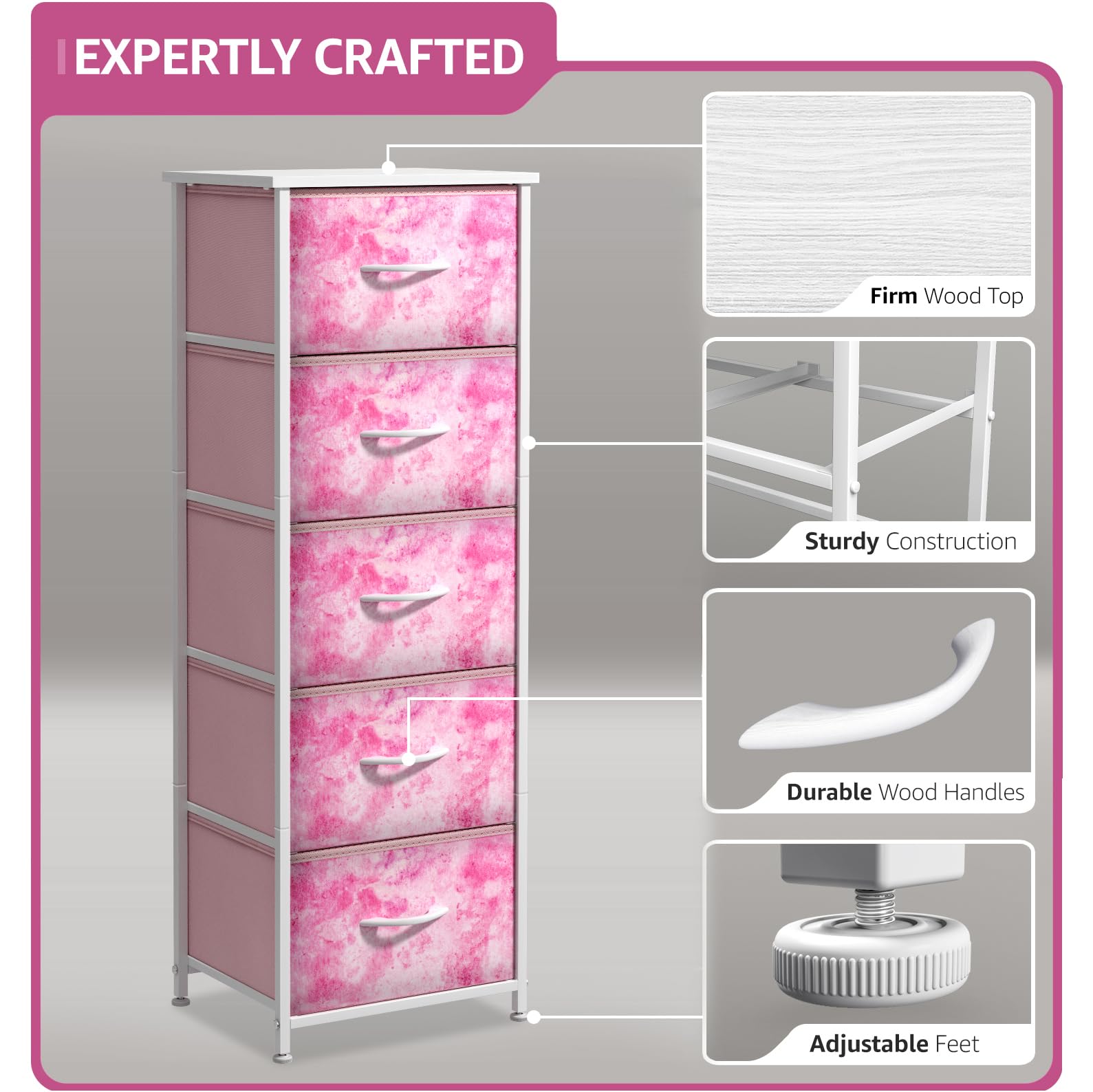 Sorbus fabric dresser steel-frame closeup emphasizes sturdy construction for growing kids' spaces.
