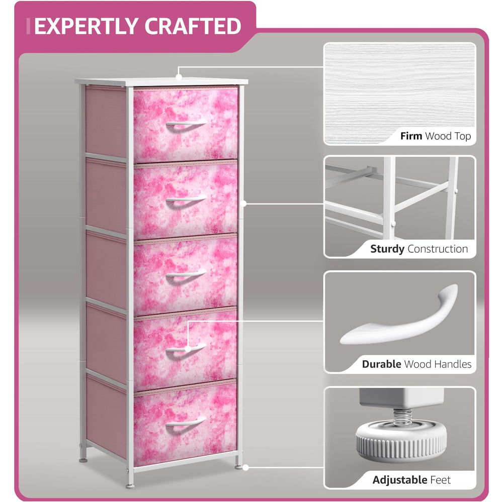 Sorbus fabric dresser steel-frame closeup emphasizes sturdy construction for growing kids' spaces.