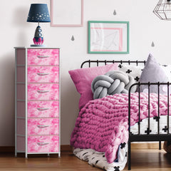 Sorbus fabric dresser tie-dye pink drawer close-up highlights easy-access fabric bins.