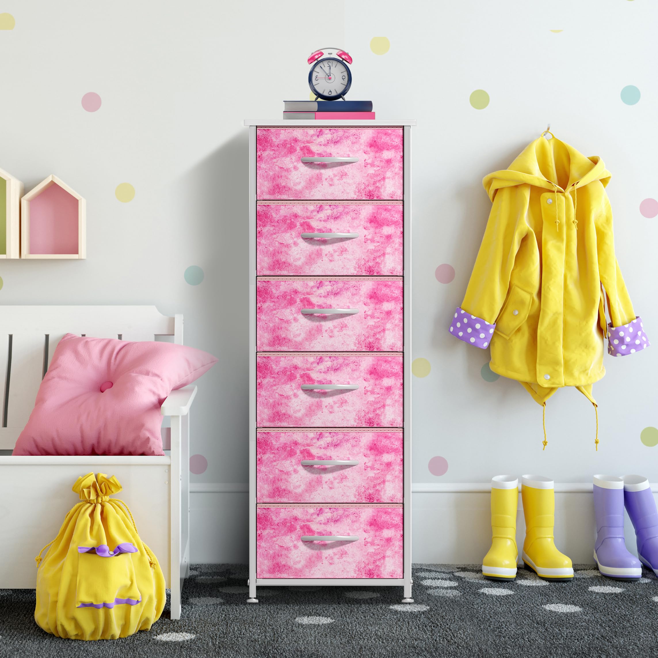 Sorbus fabric dresser tie-dye pink side angle demonstrates tall storage potential.