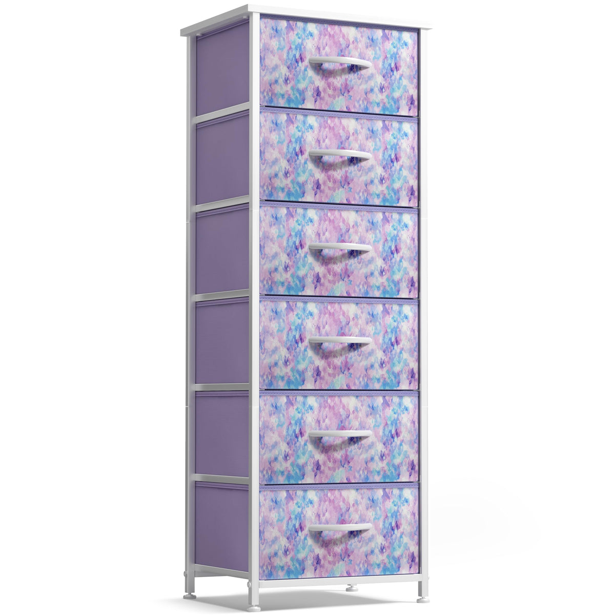 Sorbus fabric dresser tie-dye purple front view showing organized kids' clothes storage.