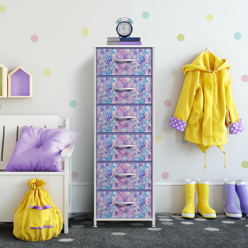 Sorbus fabric dresser tie-dye purple in a child’s room shows versatile placement.