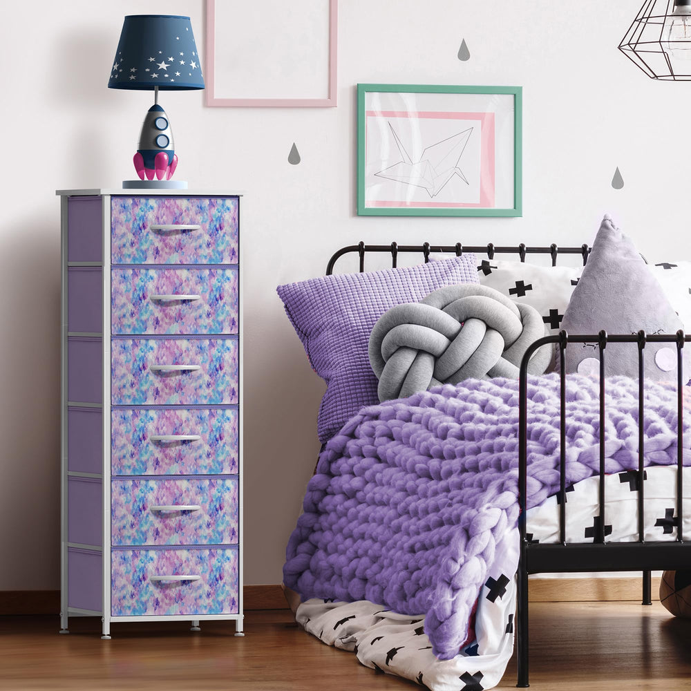 Sorbus fabric dresser tie-dye purple side view highlighting sturdy steel frame.
