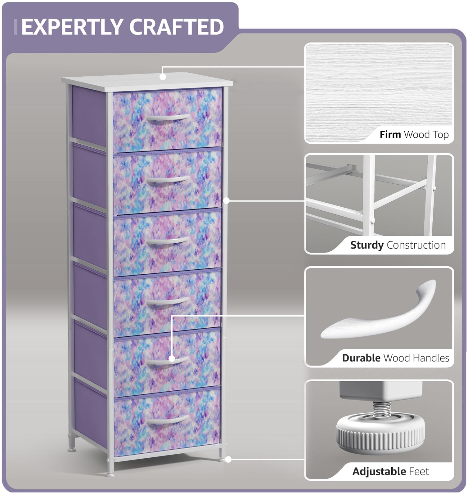 Sorbus fabric dresser tie-dye purple top view featuring a waterproof wooden surface.