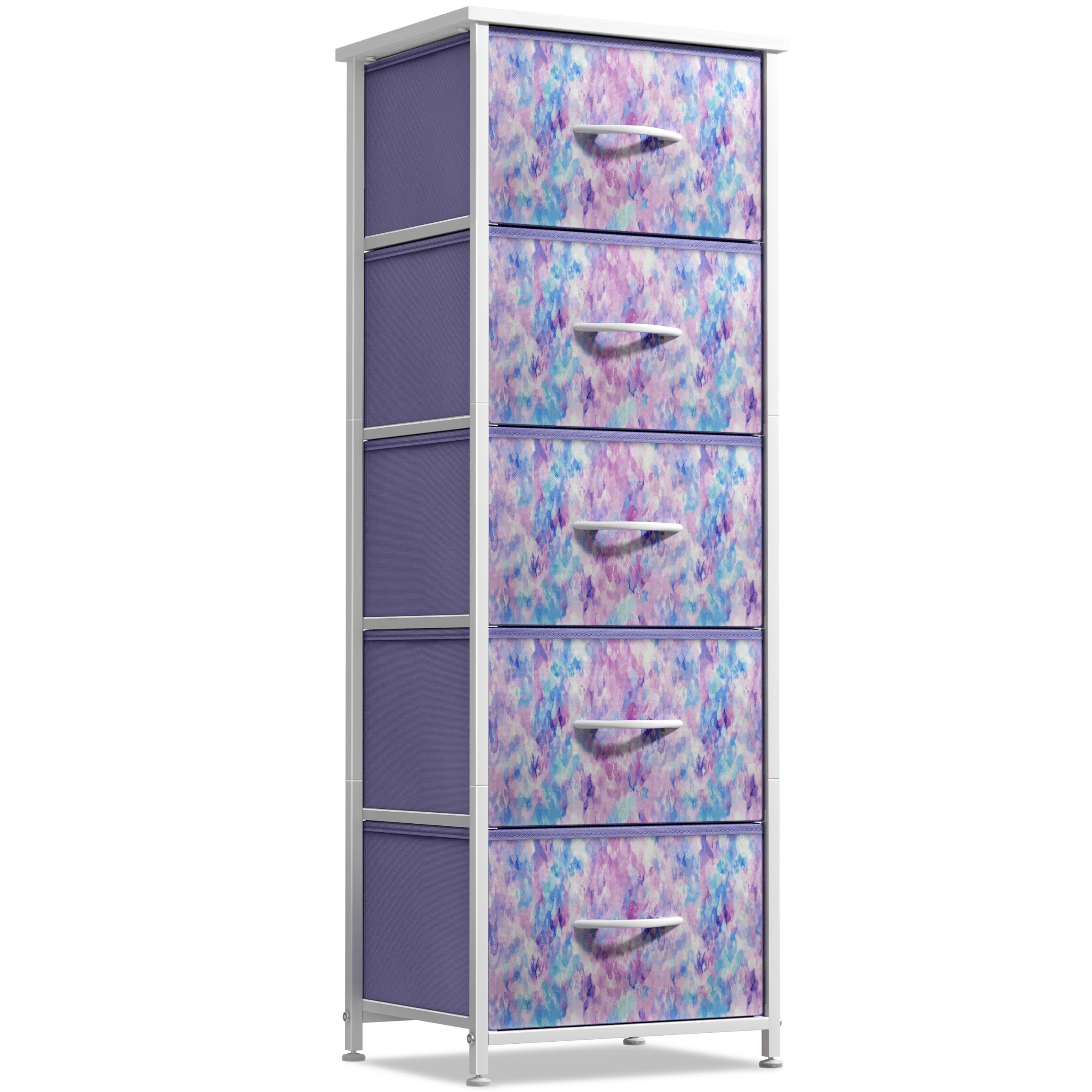 Sorbus fabric dresser with wood-top display surface for lamps and decor in a kid's room.