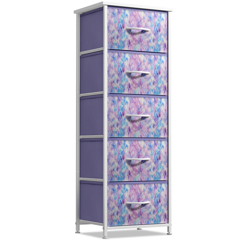 Sorbus fabric dresser with wood-top display surface for lamps and decor in a kid's room.