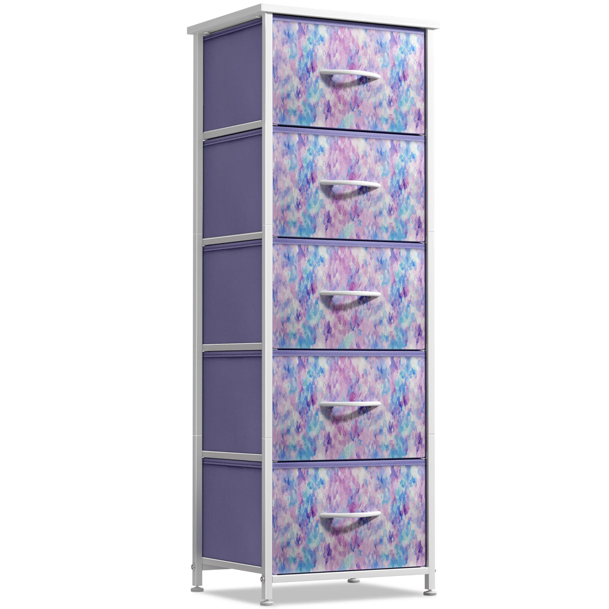 Sorbus fabric dresser with wood-top display surface for lamps and decor in a kid's room.