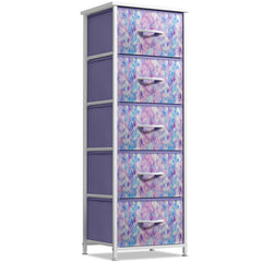 Sorbus fabric dresser with wood-top display surface for lamps and decor in a kid's room.