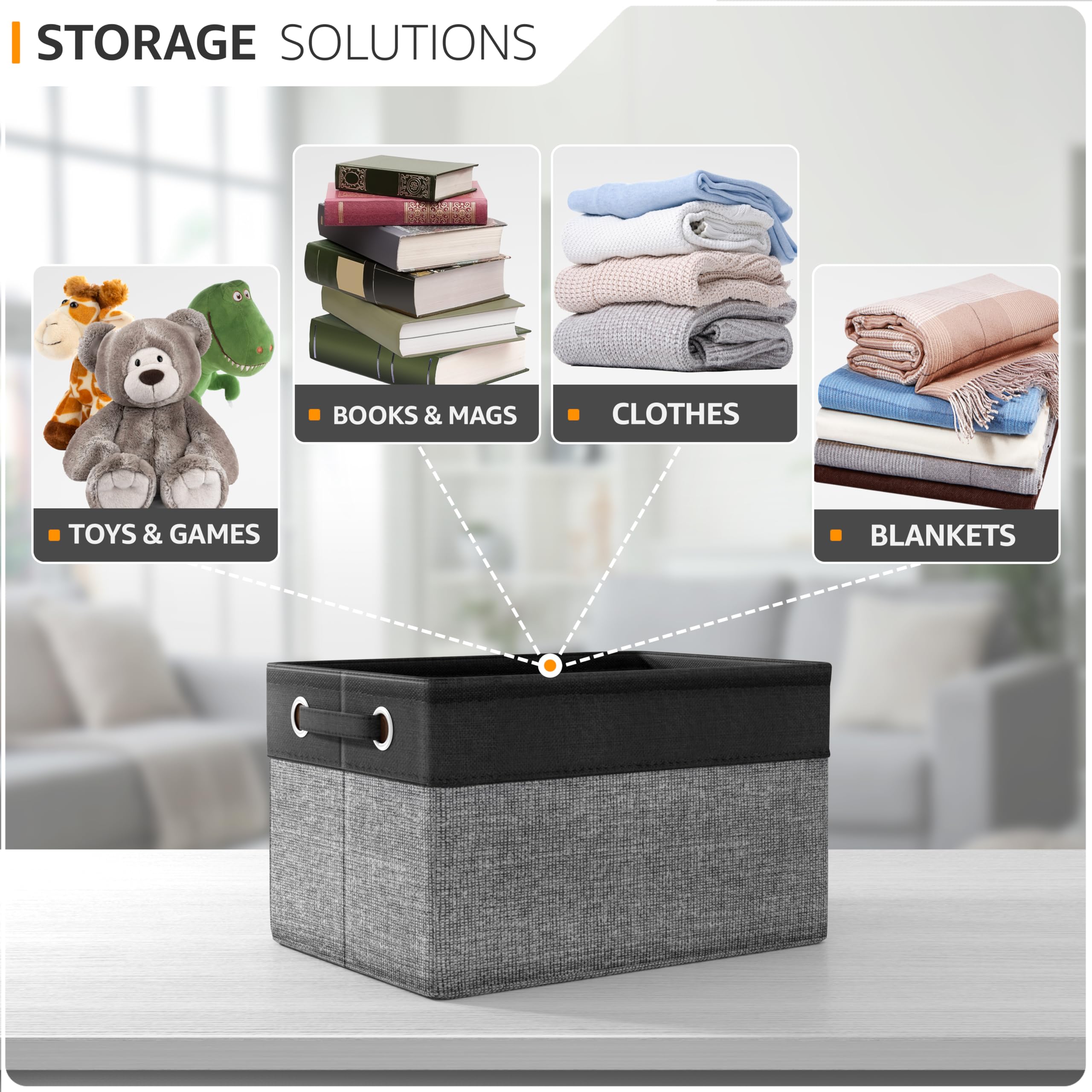 Sorbus fabric storage cubes in playroom beside toys for organized playtime