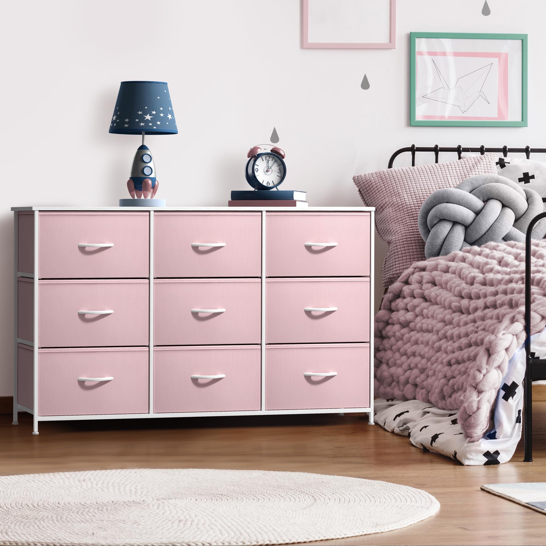Sorbus 9-drawer fabric dresser closeup showing reinforced base and easy-pull handles