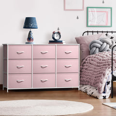 Sorbus 9-drawer fabric dresser closeup showing reinforced base and easy-pull handles