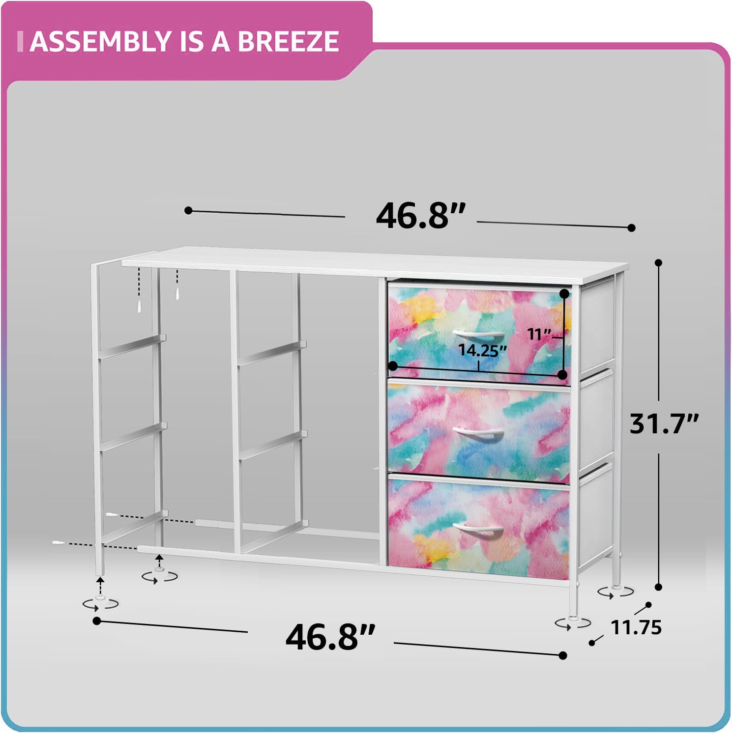 Sorbus Kids Dresser foldable drawers illustrate easy packing and space-saving setup.