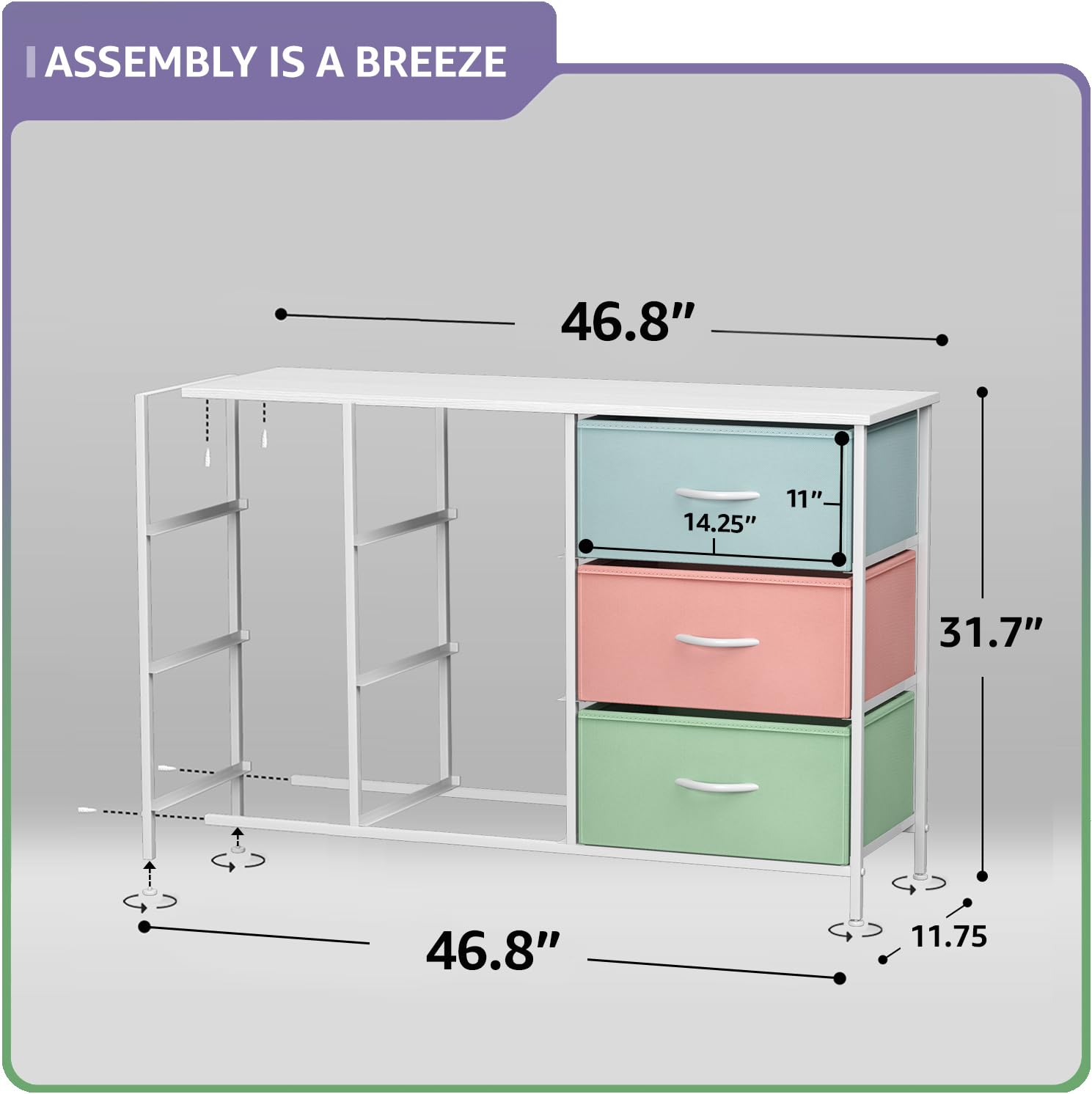 Sorbus Kids Dresser steel frame offers sturdy, reliable support.