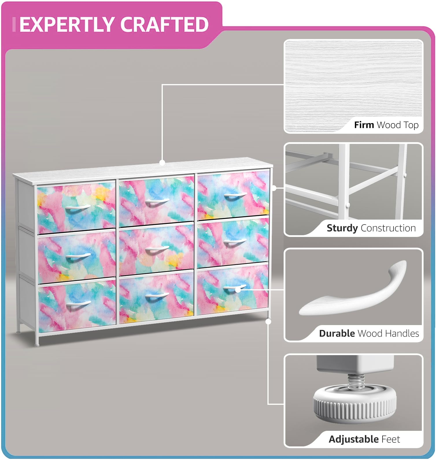 Sorbus Kids Dresser steel frame showcases durable structure for kids' room organization.
