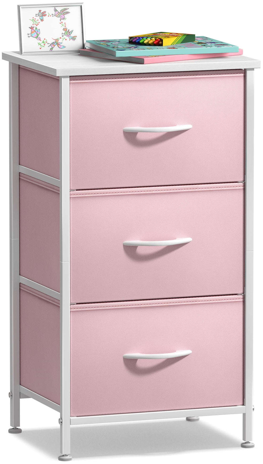 Sorbus nightstand 3-drawer pink with wood top provides organized bedside storage.