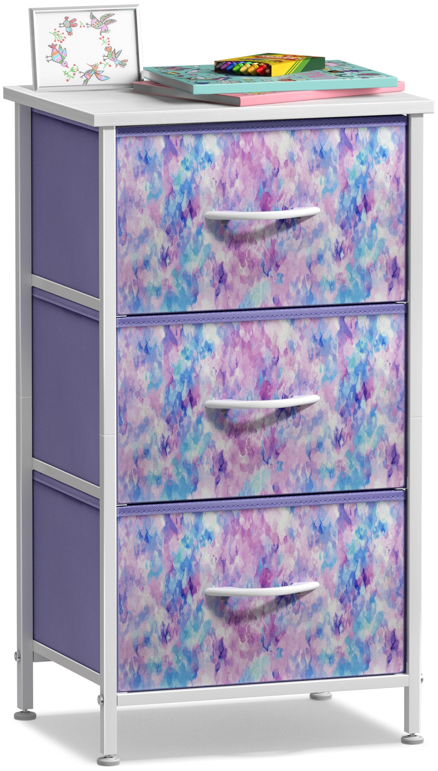 Sorbus nightstand 3-drawer tie-dye design offers compact bedside storage.