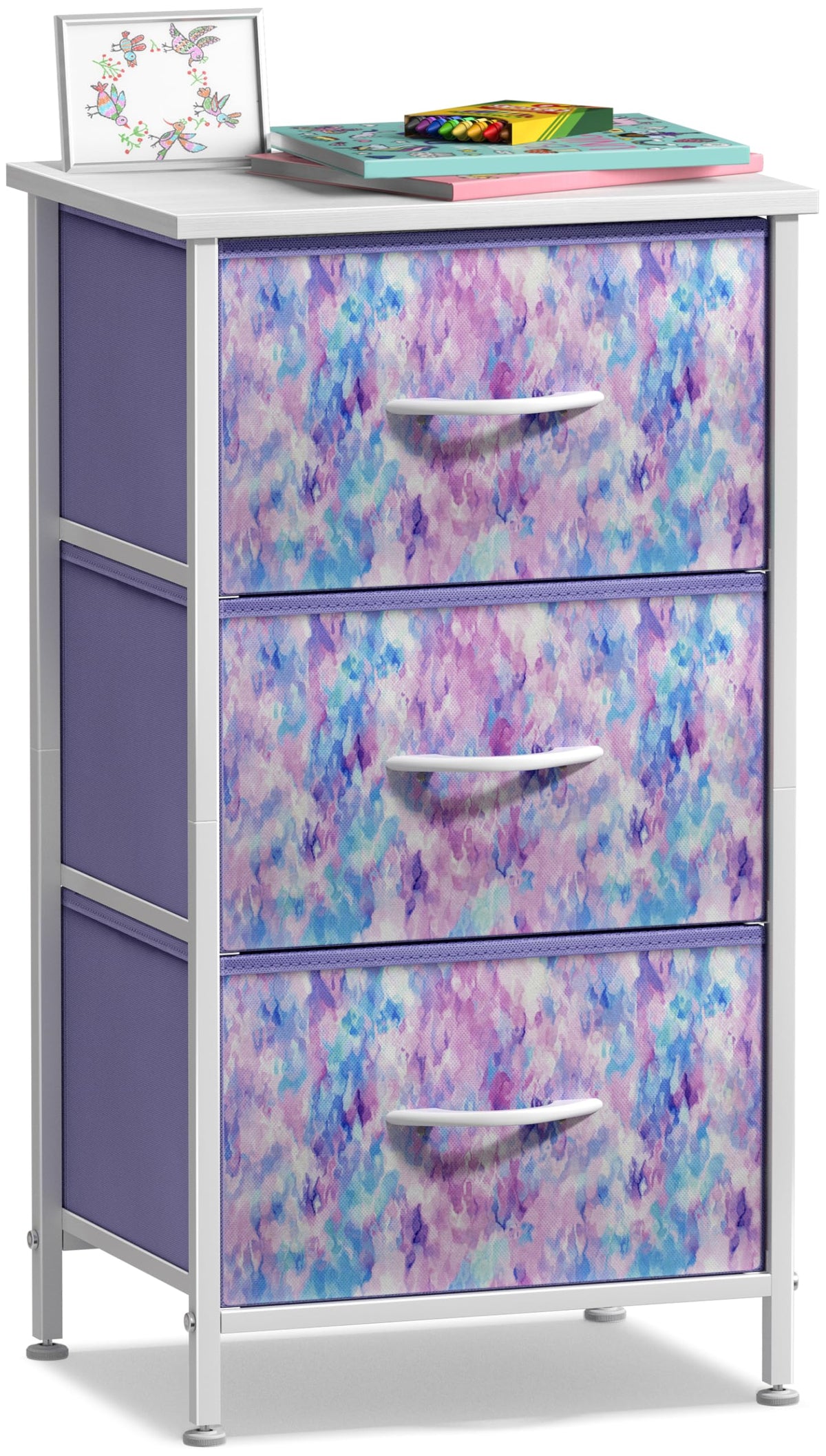 Sorbus nightstand 3-drawer tie-dye design offers compact bedside storage.