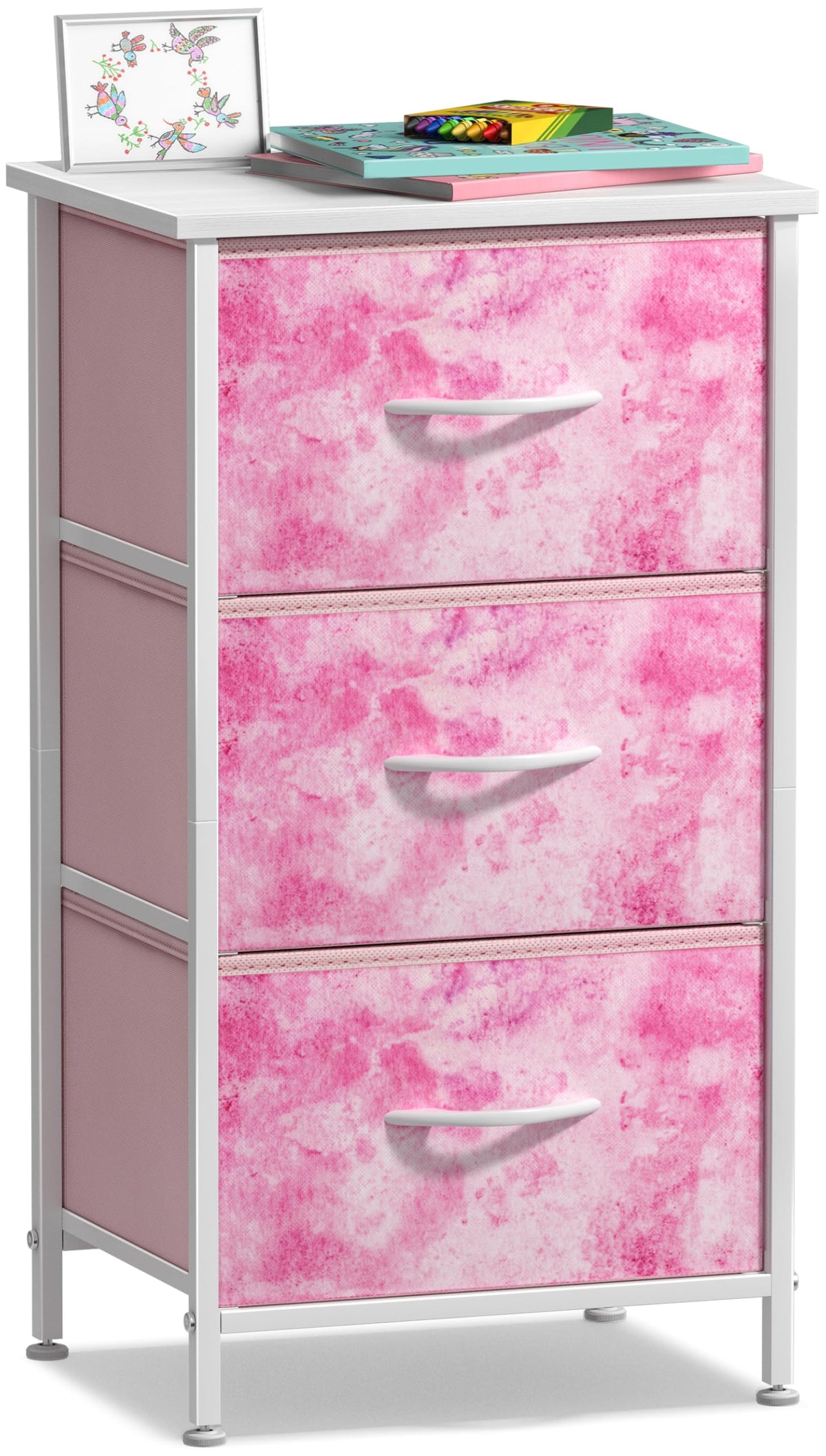 Sorbus nightstand 3-drawer tie-dye pink with wood top for bedside storage and organization