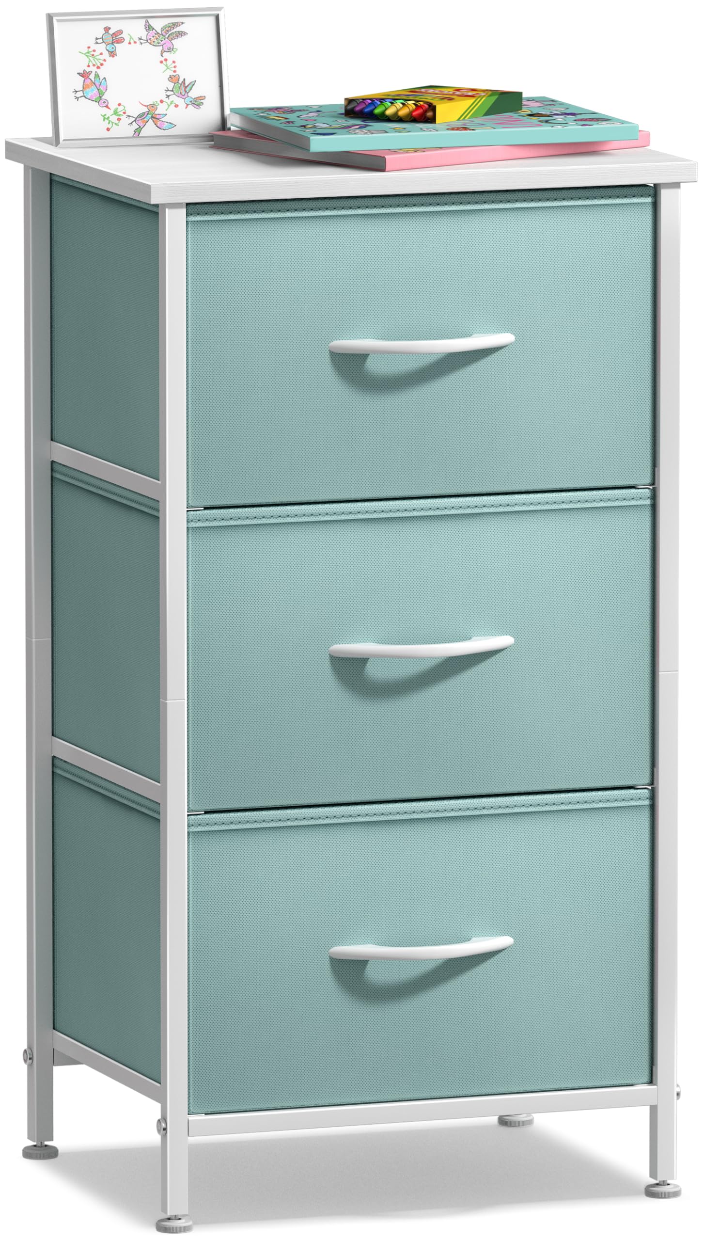 Sorbus nightstand with 3 drawers and aqua wood top, ideal for compact bedside storage.
