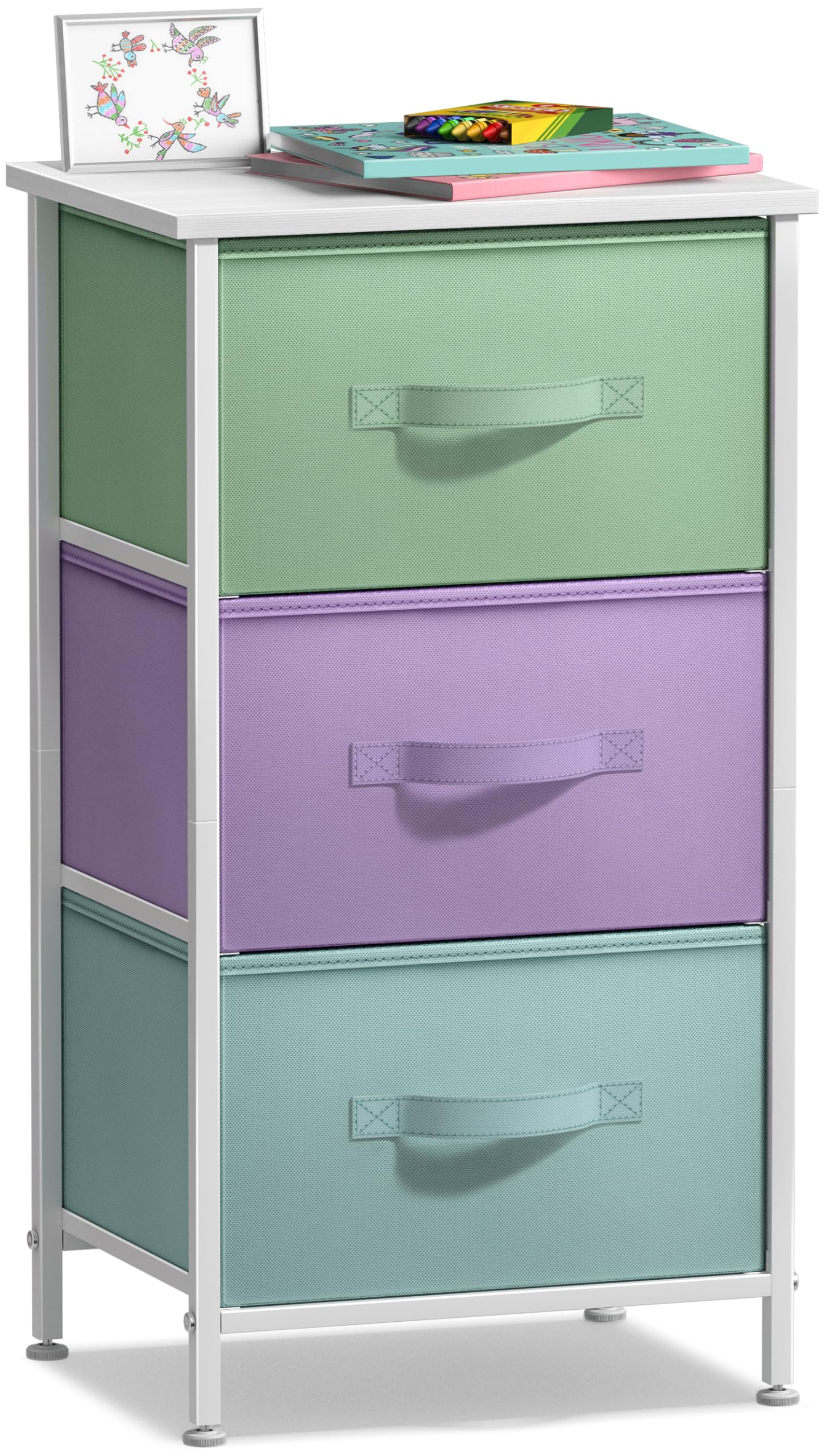 Sorbus nightstand 3-drawers pastel white with wood top provides stylish bedroom storage and display space.