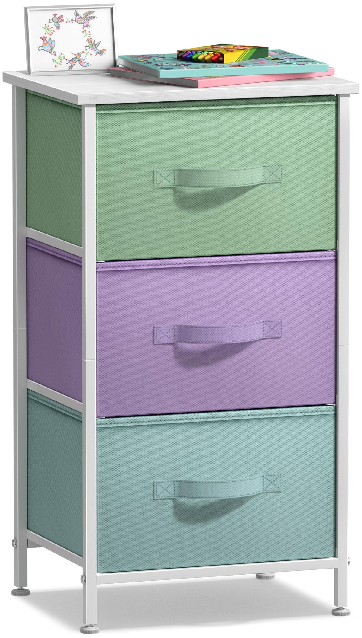 Sorbus nightstand 3-drawers pastel white with wood top provides stylish bedroom storage and display space.