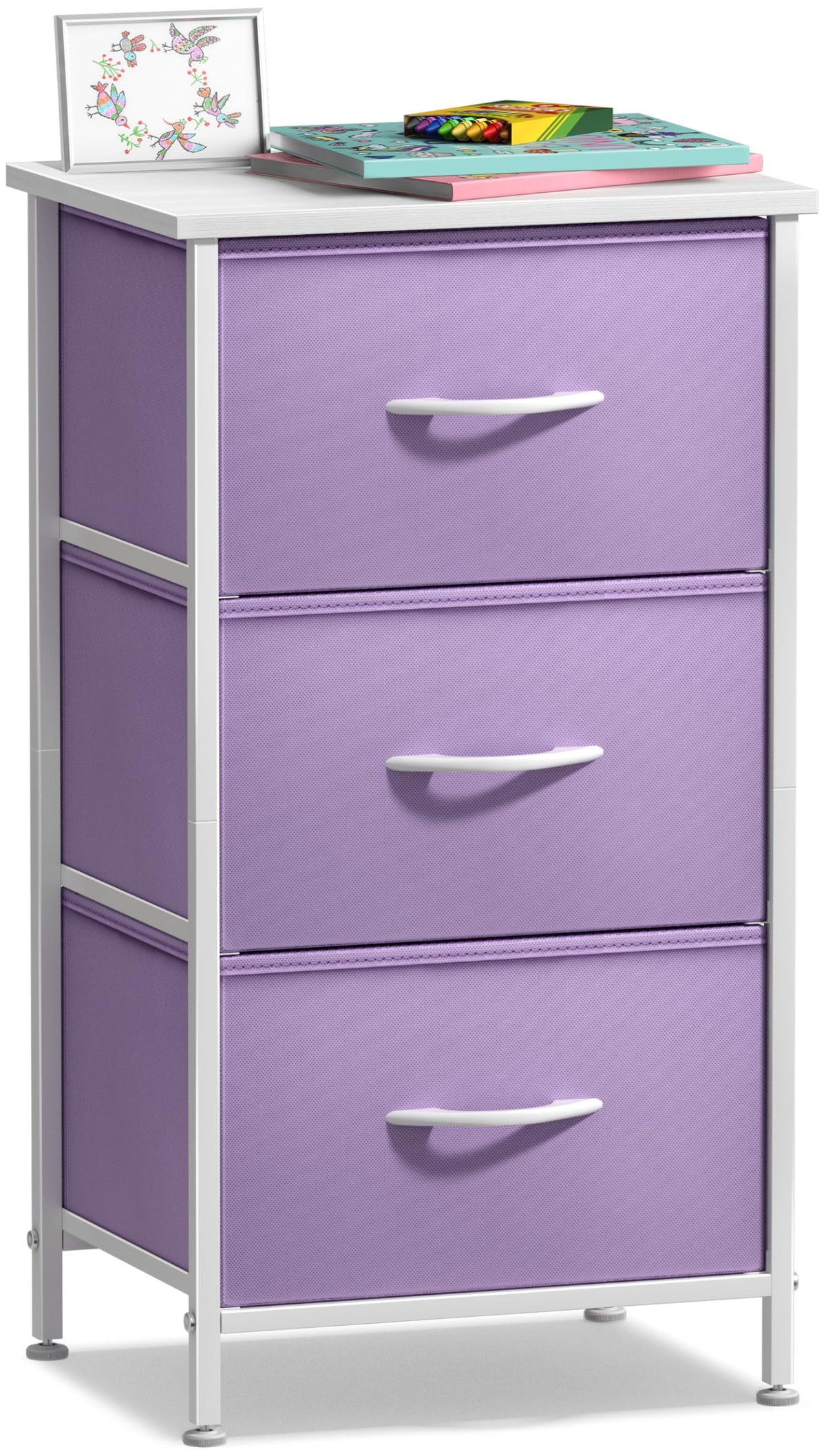 Sorbus nightstand with 3 drawers and purple fabric bins for neat bedside storage.