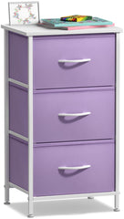 Sorbus nightstand with 3 drawers and purple fabric bins for neat bedside storage.