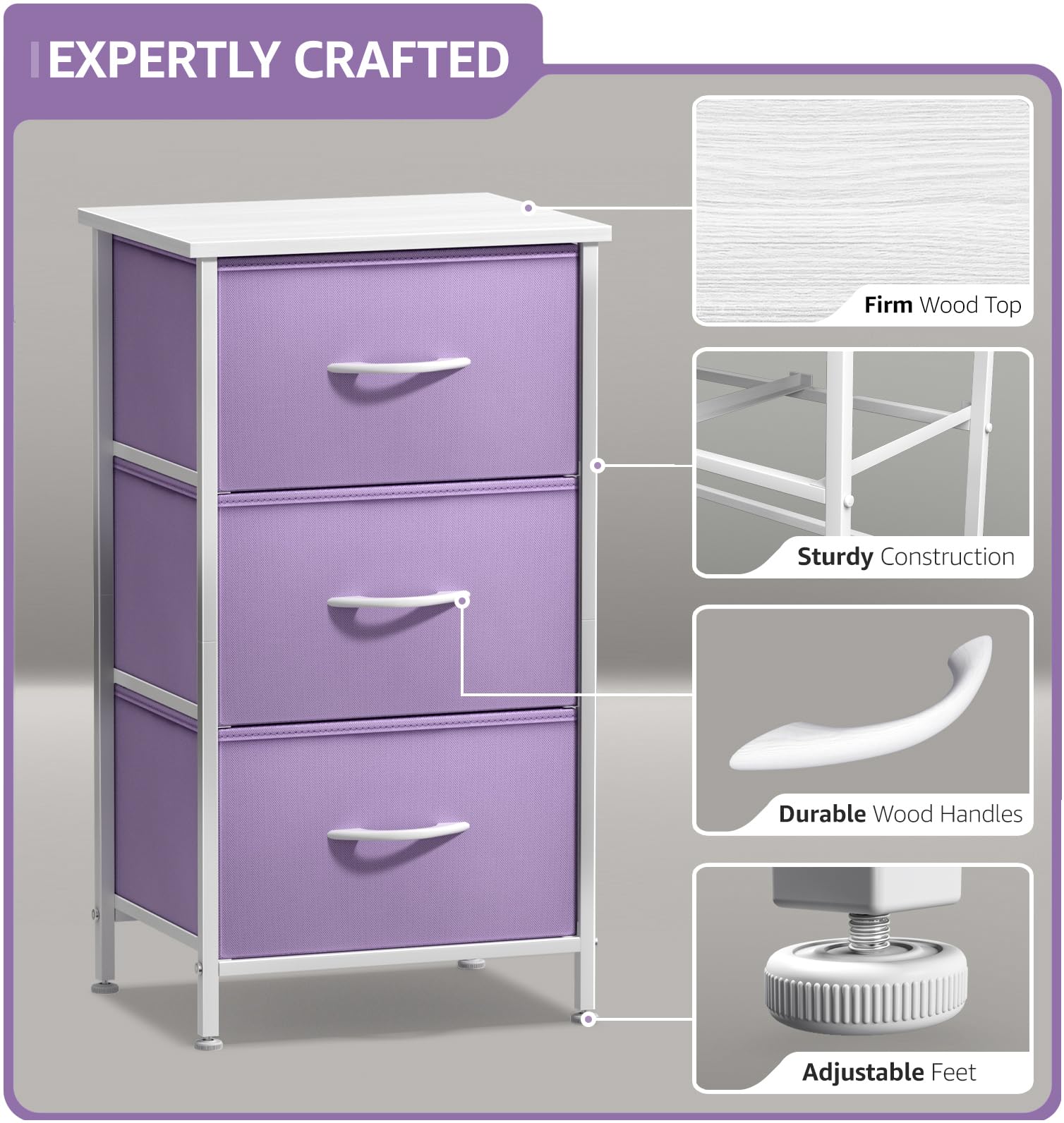 Sorbus nightstand removable fabric drawers allow quiet opening and easy maintenance.