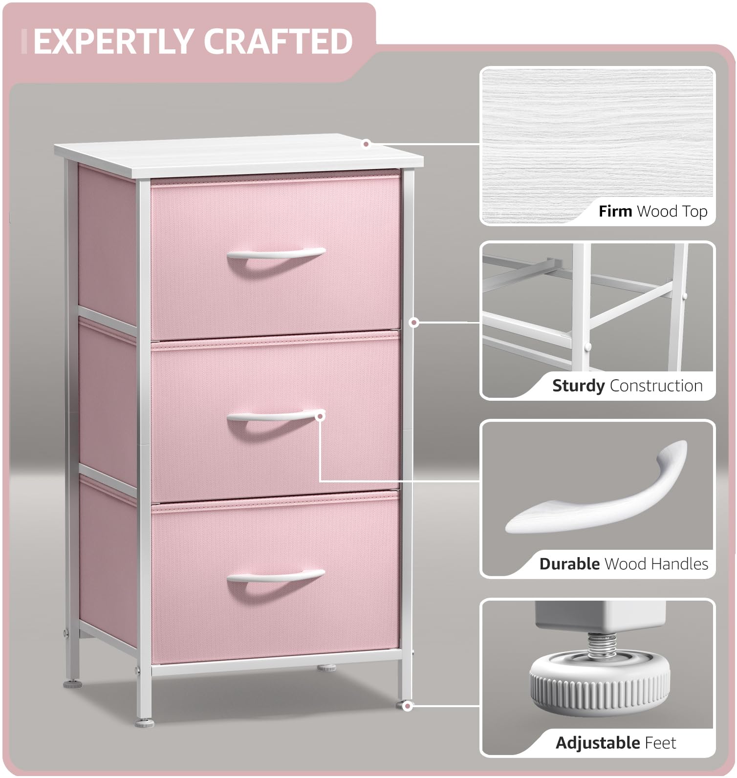Sorbus nightstand steel frame ensures durable stability in any room.