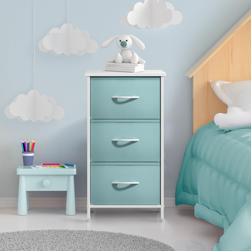 Sorbus nightstand wood top display area showing lamp and clock organization.