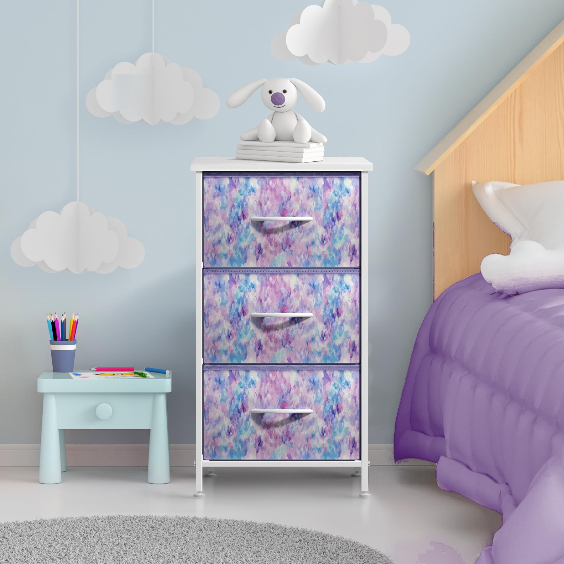 Sorbus nightstand with wood top and steel frame for sturdy surface.