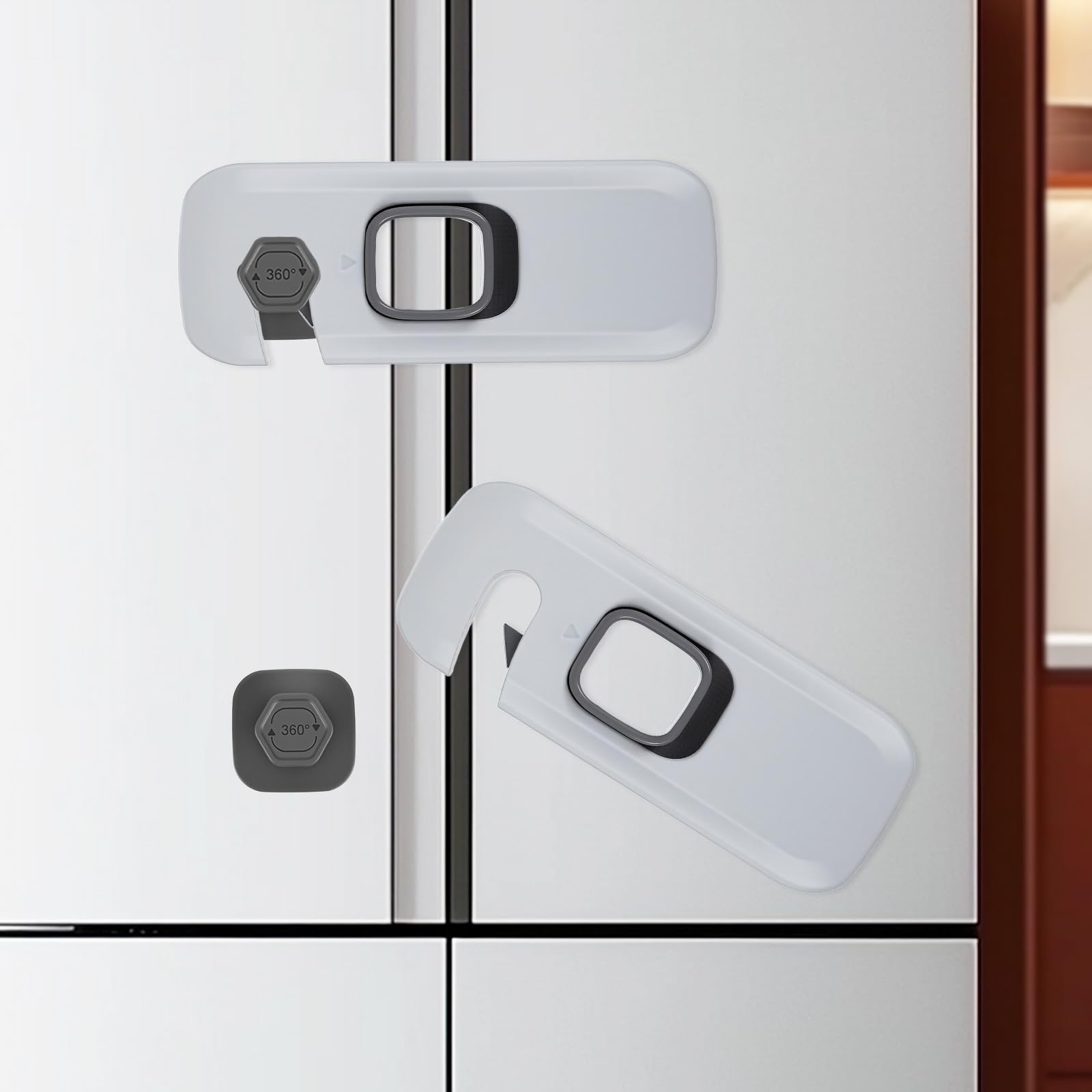 Sorcristy fridge lock with adhesive pads secures the refrigerator door for safer access.