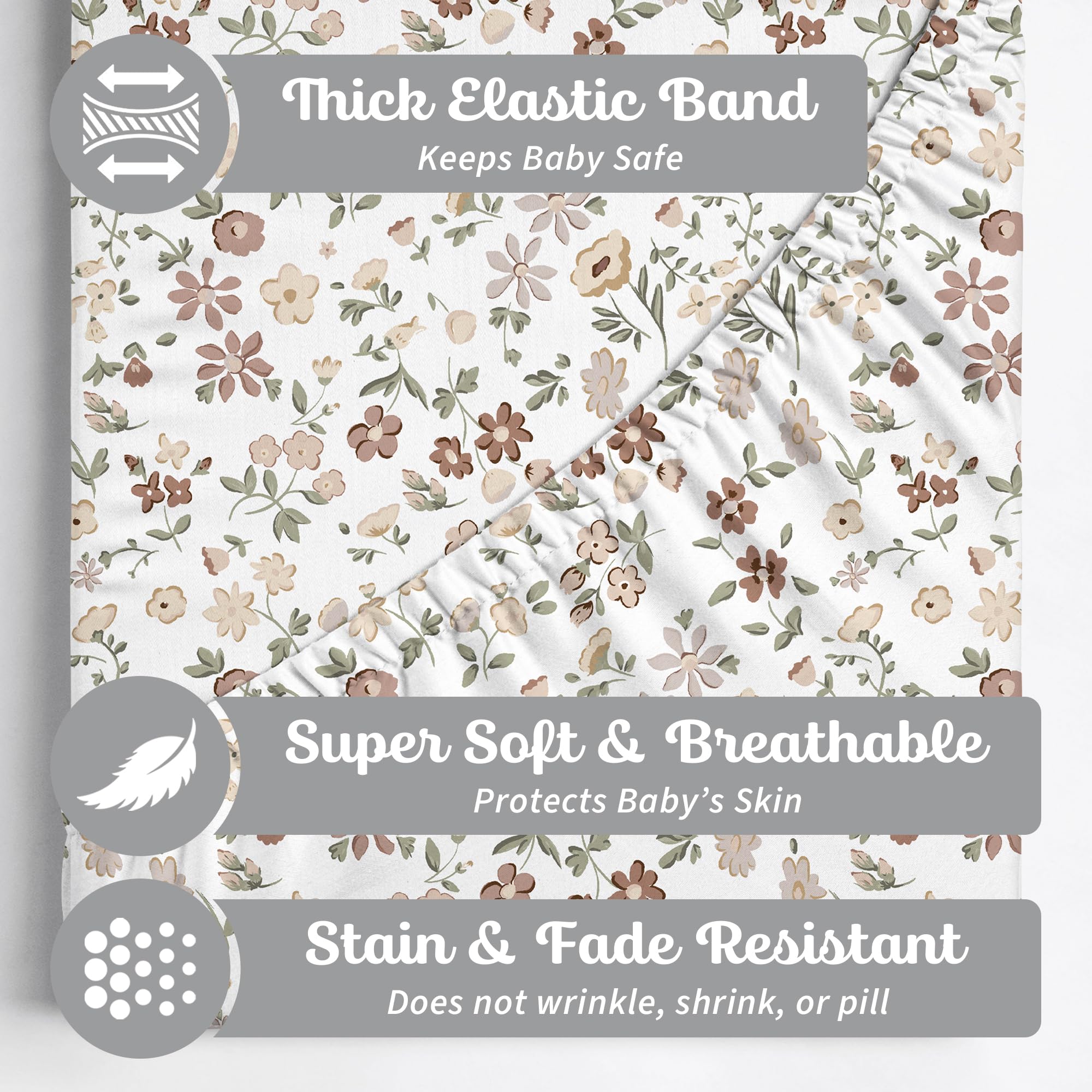 Sorrel + Fern crib sheets elastic band close-up for secure fit.