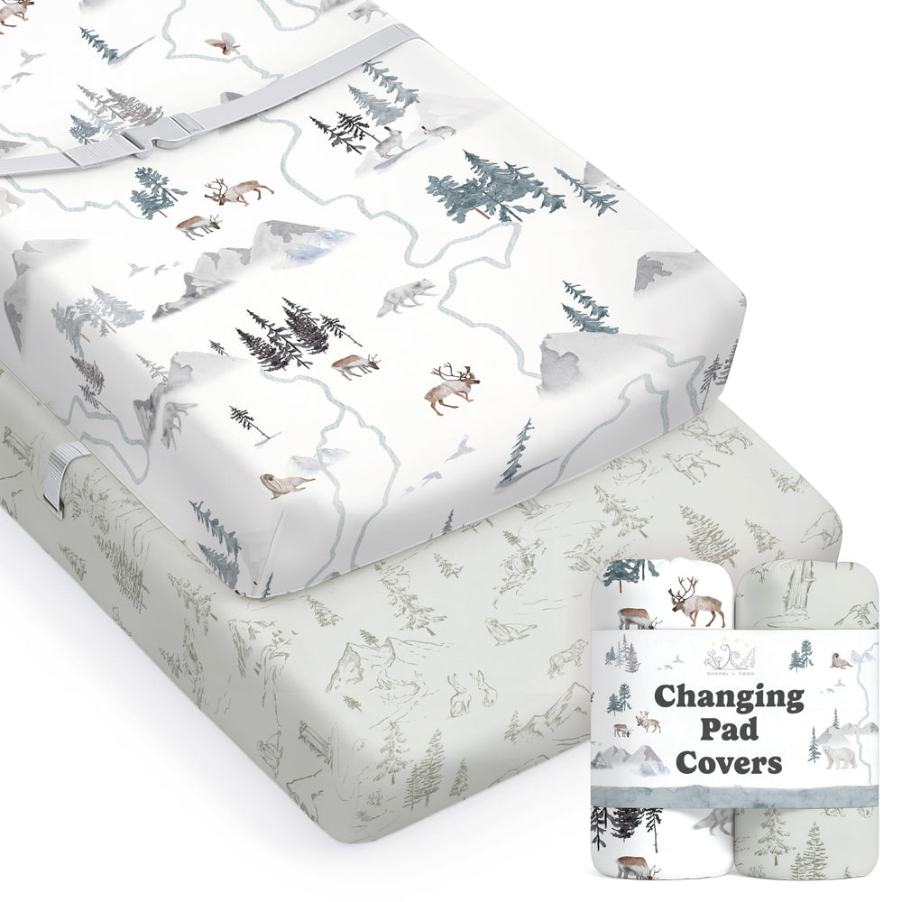 Sorrel + Fern Arctic Journey changing pad cover with soft cotton blend for baby comfort.
