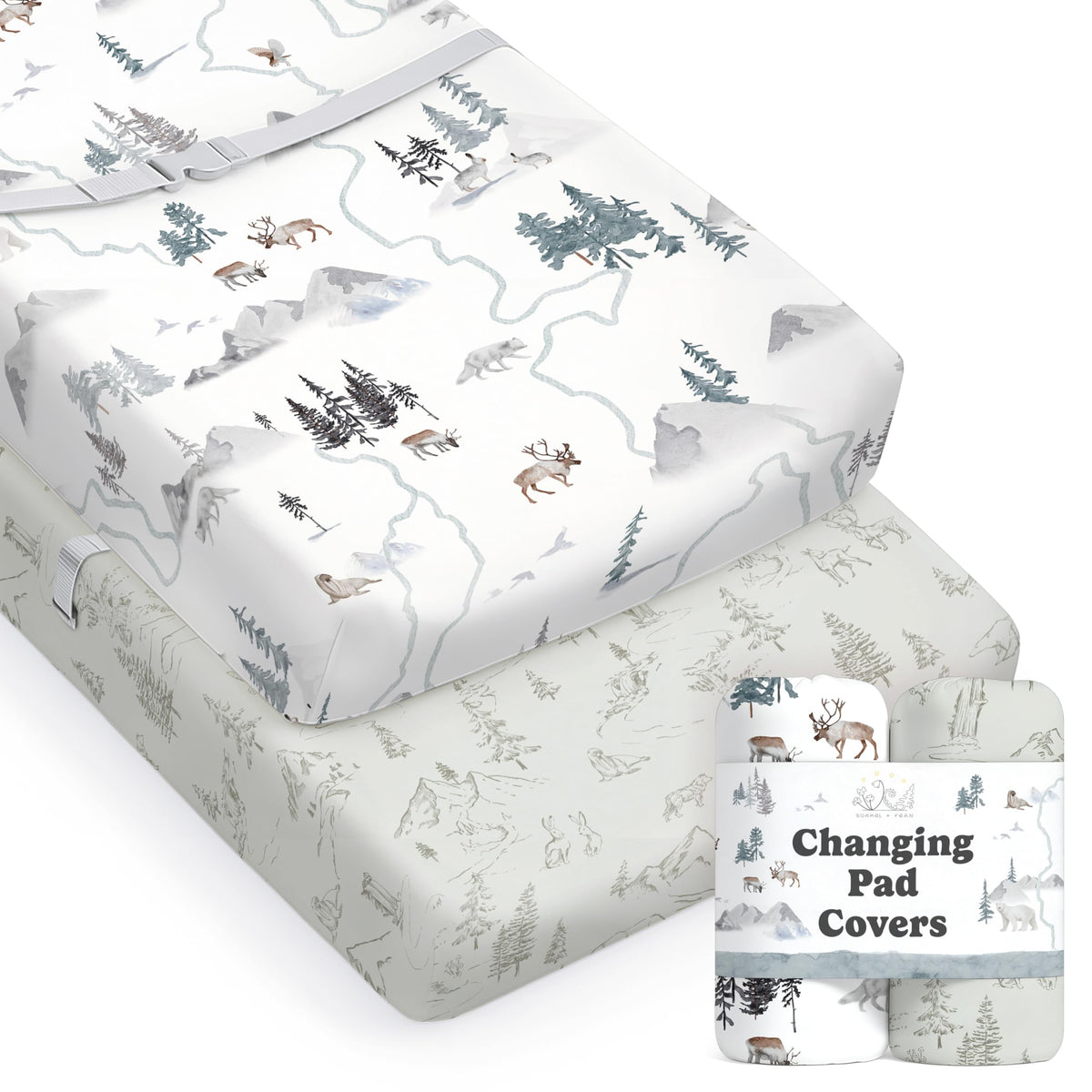 Sorrel + Fern Arctic Journey changing pad cover with soft cotton blend for baby comfort.