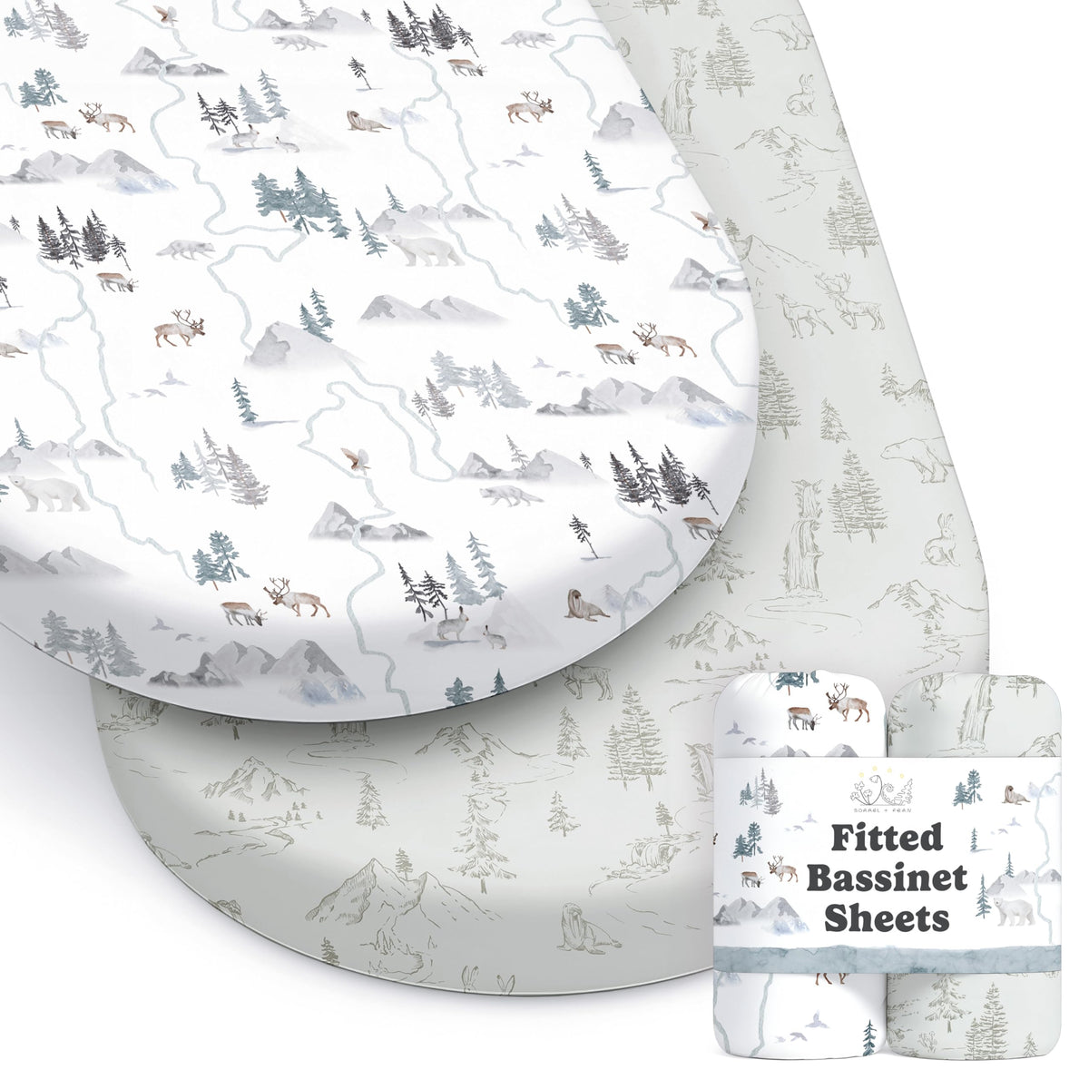 Sorrel + Fern Arctic Journey pattern close-up, ultra-soft cotton blend for baby comfort.
