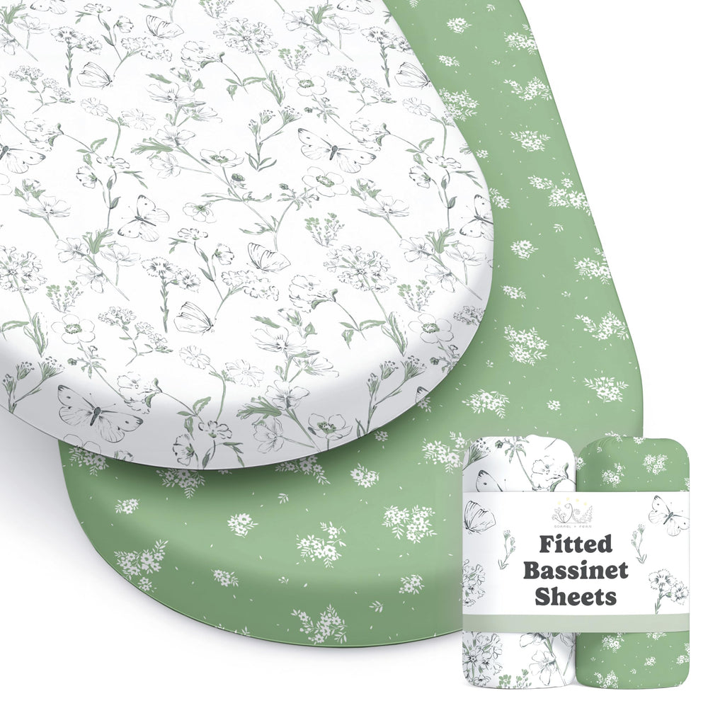 Sorrel + Fern butterfly garden pattern on buttery-soft cotton blend bassinet sheets