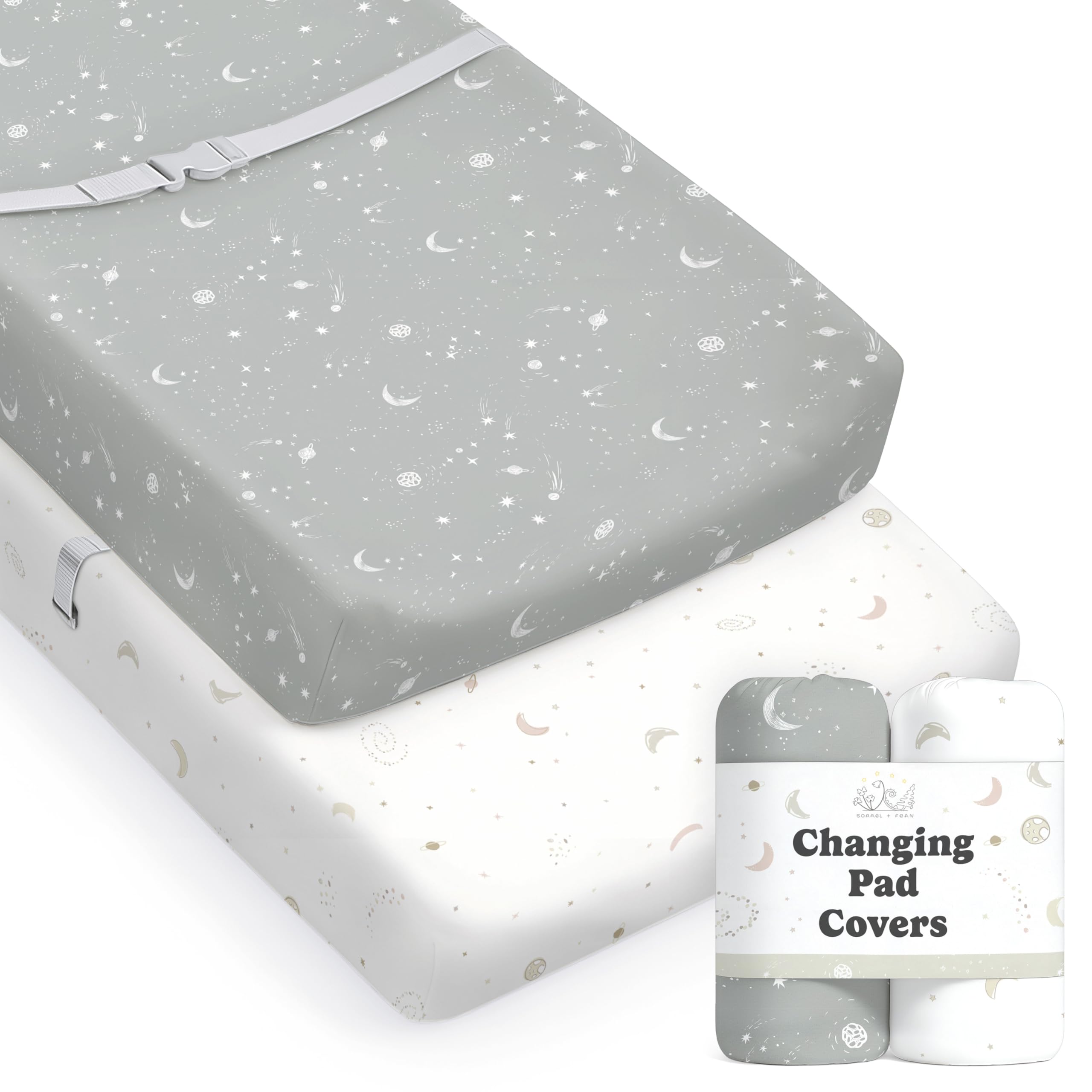 Sorrel + Fern Galaxy pattern changing pad cover close-up highlighting soft fabric for baby changes