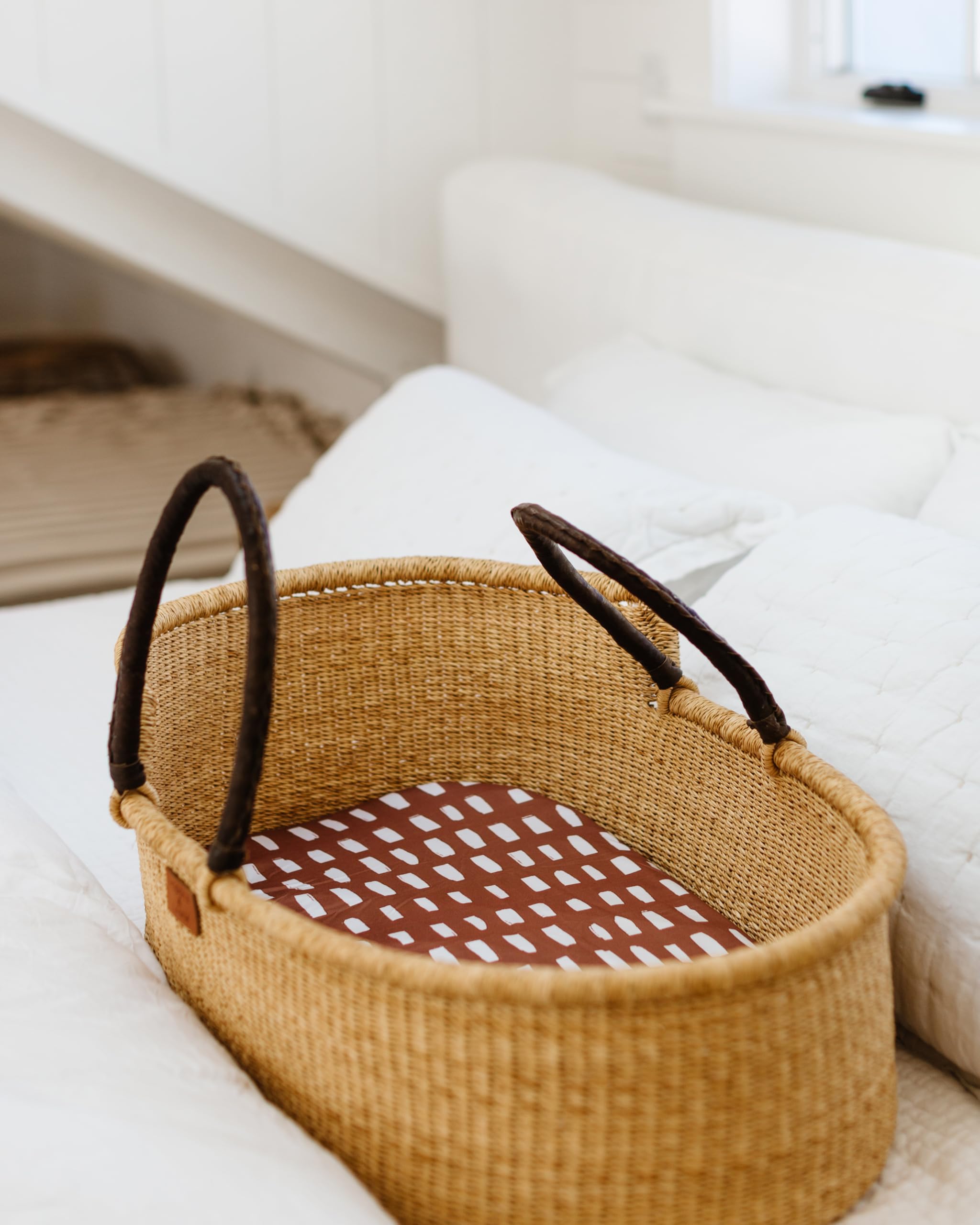 Sorrel + Fern bassinet sheets durable stitching closeup shows long-lasting quality