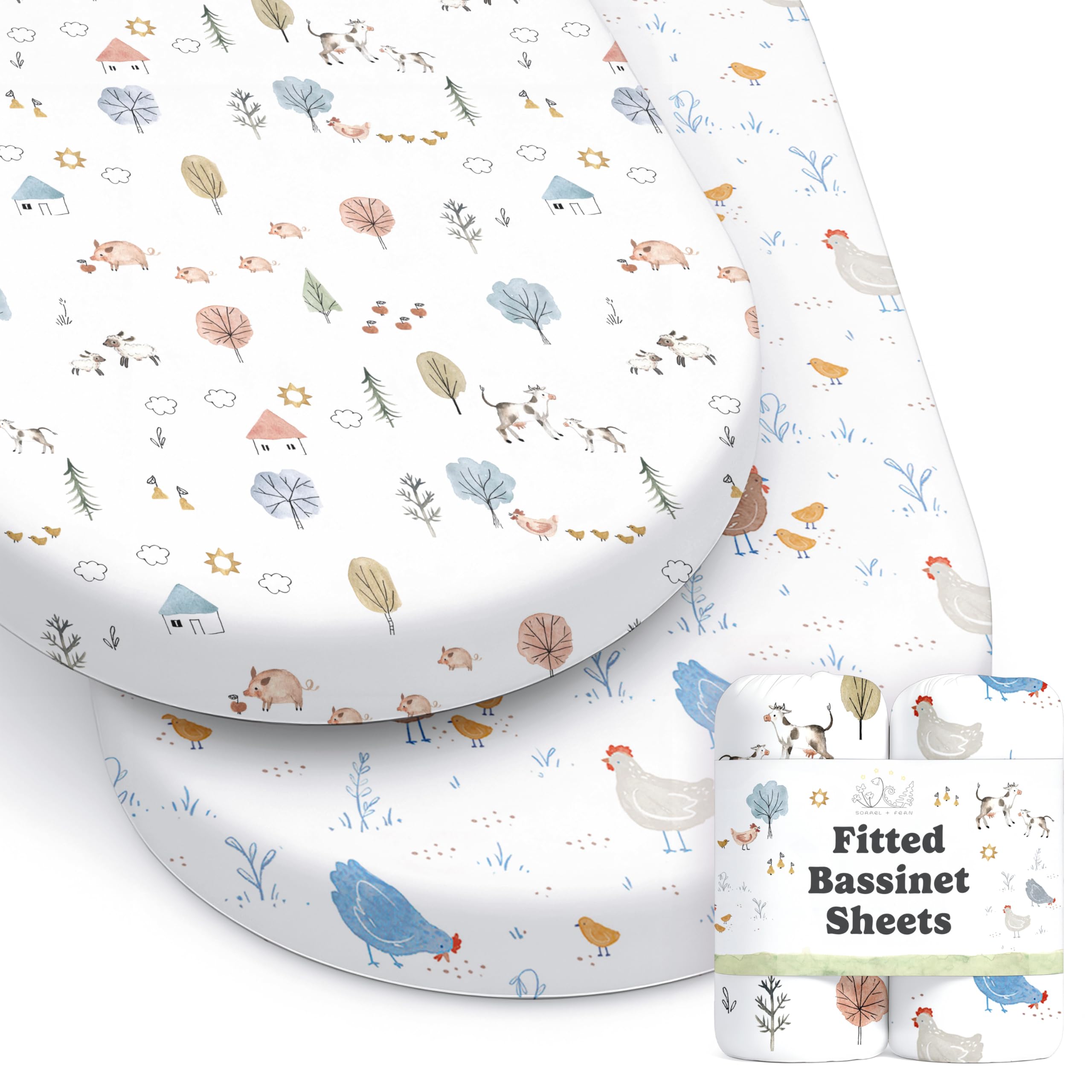Sorrel and Fern bassinet sheets with farm animals pattern for cozy sleep