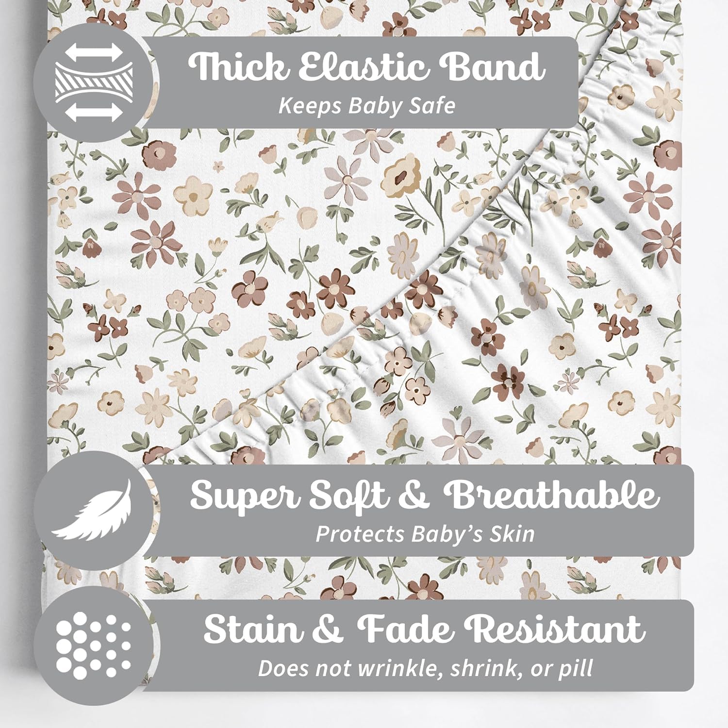 Sorrel + Fern bassinet sheets with fitted edges ensure secure fit.
