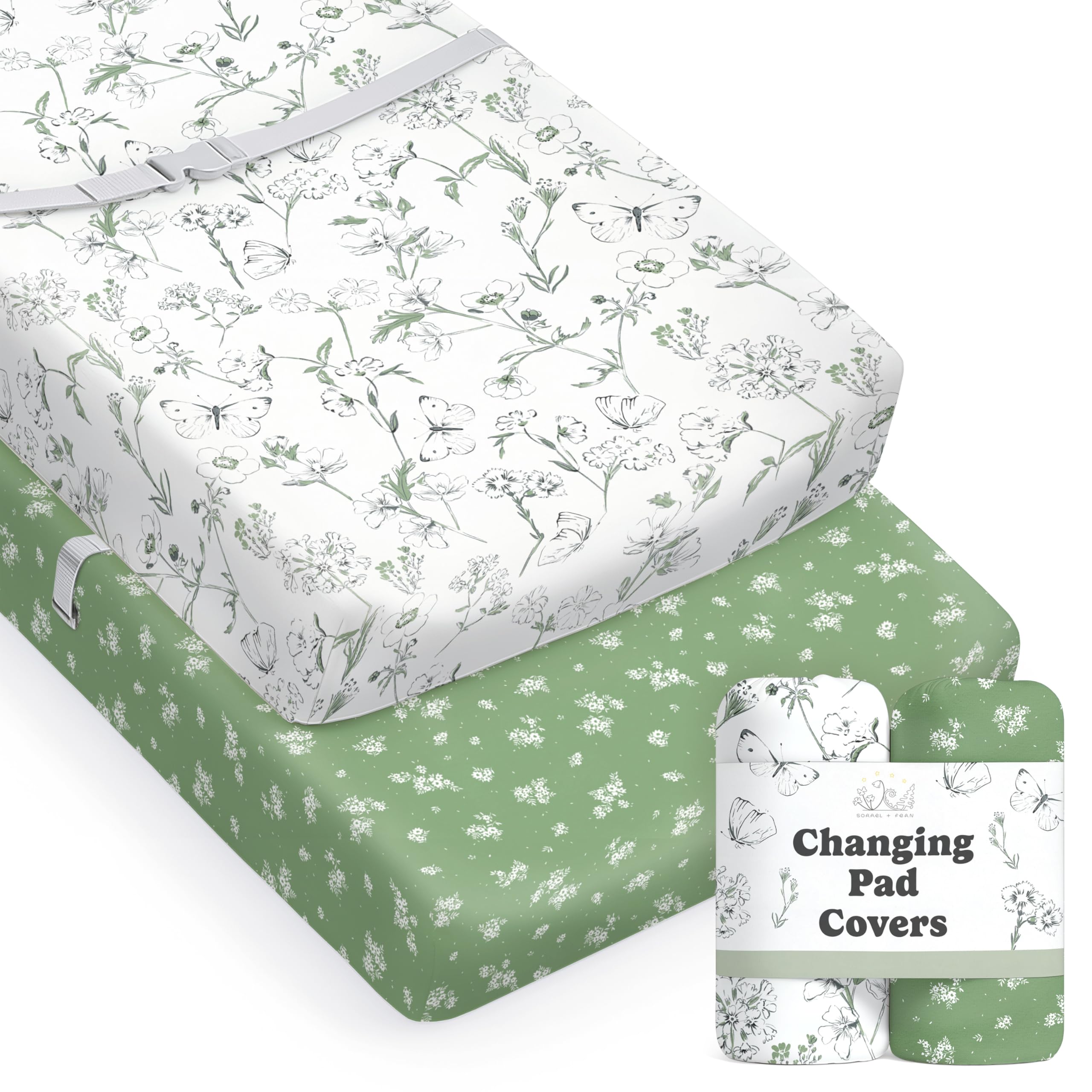 Sorrel + Fern Butterfly Garden changing pad cover set shows vibrant print for nursery charm.