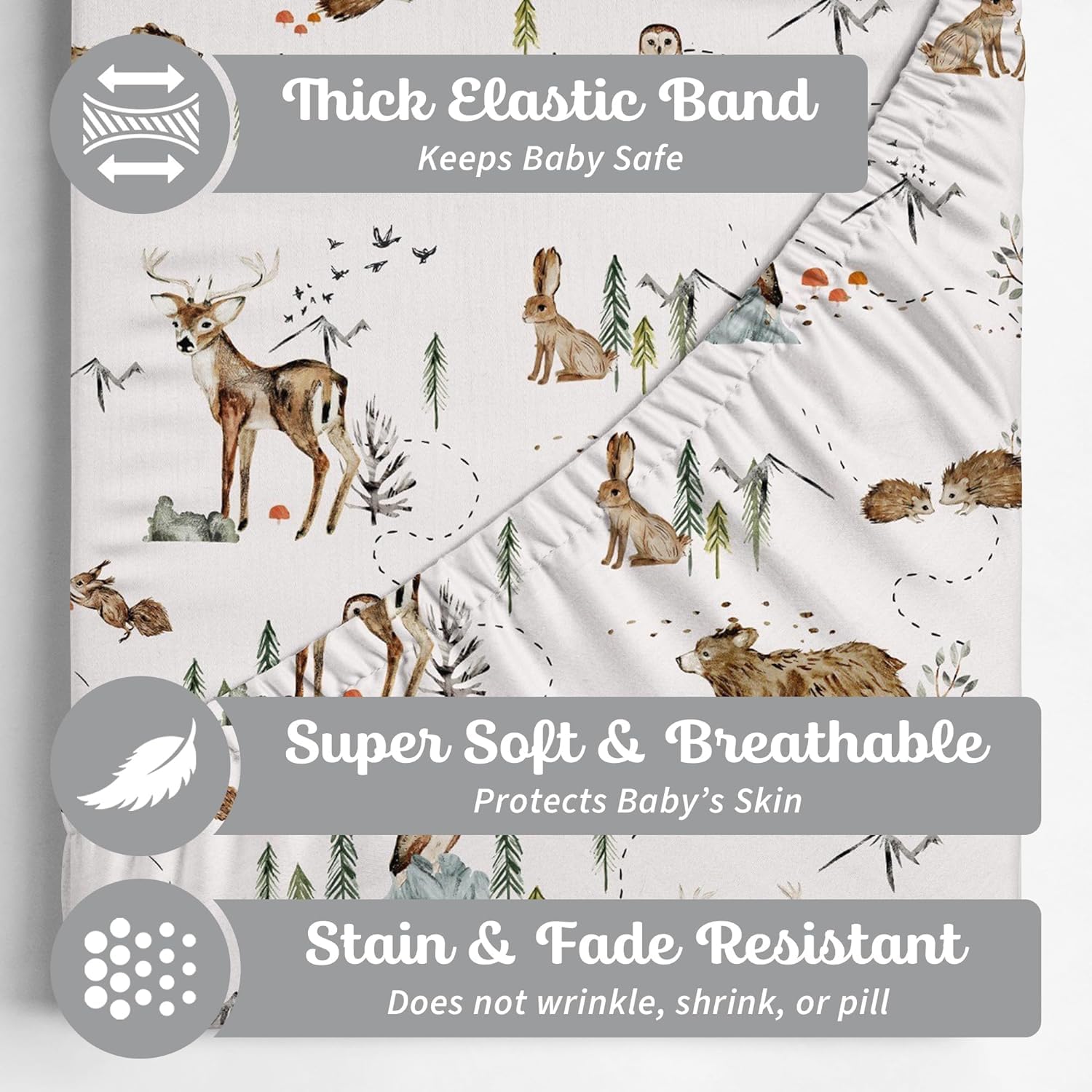 Sorrel + Fern 2-pack on changing table demonstrates secure fit and deep pockets.