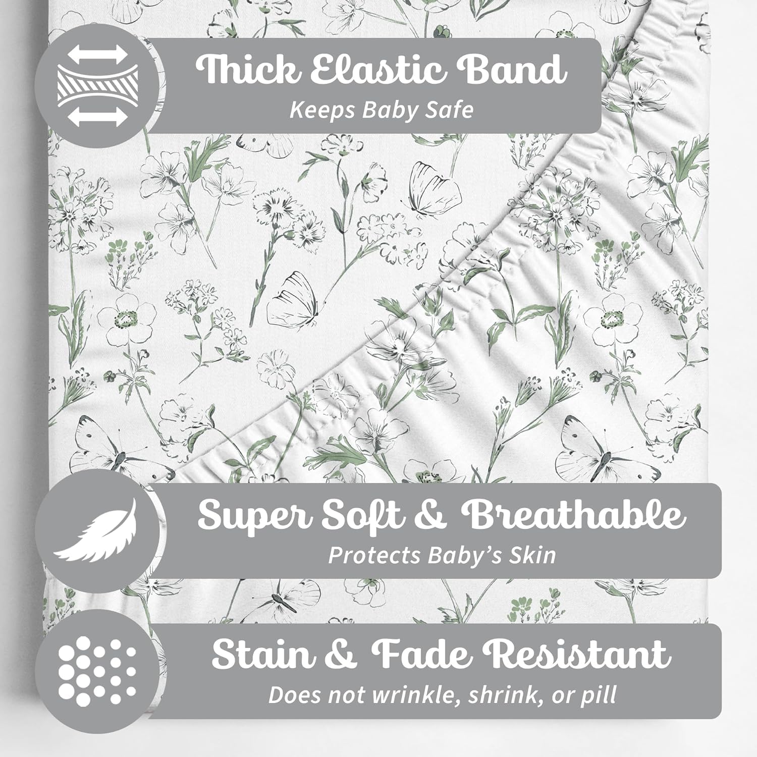 Sorrel + Fern changing pad cover close-up reveals ultra-soft cotton and secure elastic.