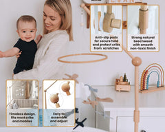 Sorrel + Fern crib mobile attachment demonstrates easy setup for cribs.