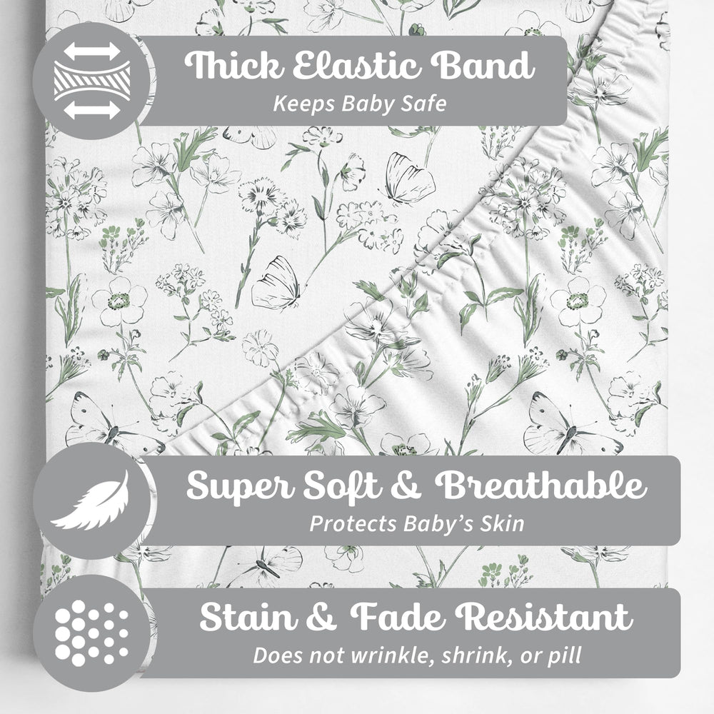 Sorrel + Fern fitted crib sheet with deep pockets keeps standard mattresses snug.