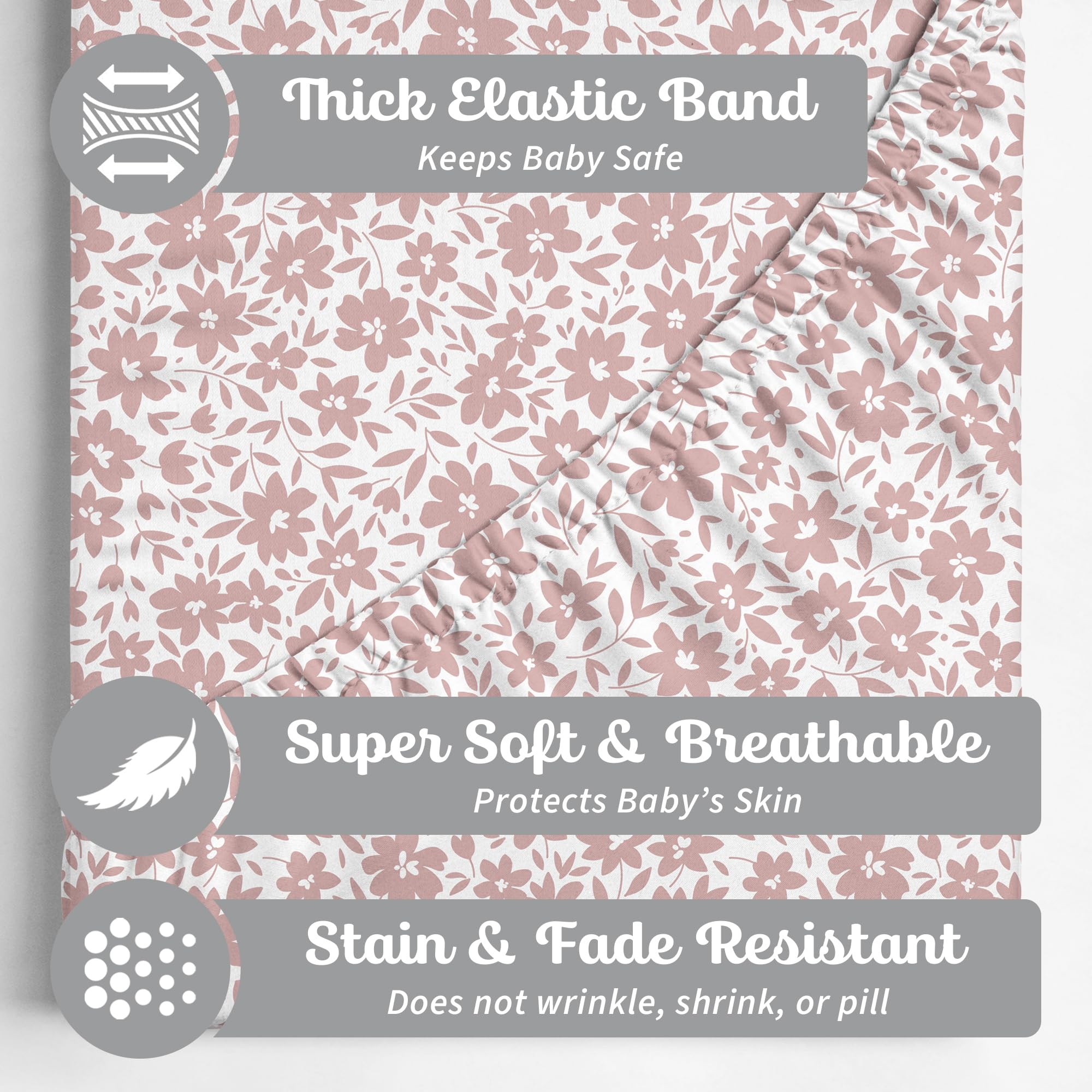 Sorrel + Fern crib sheets with thick elastic edge for secure fit.