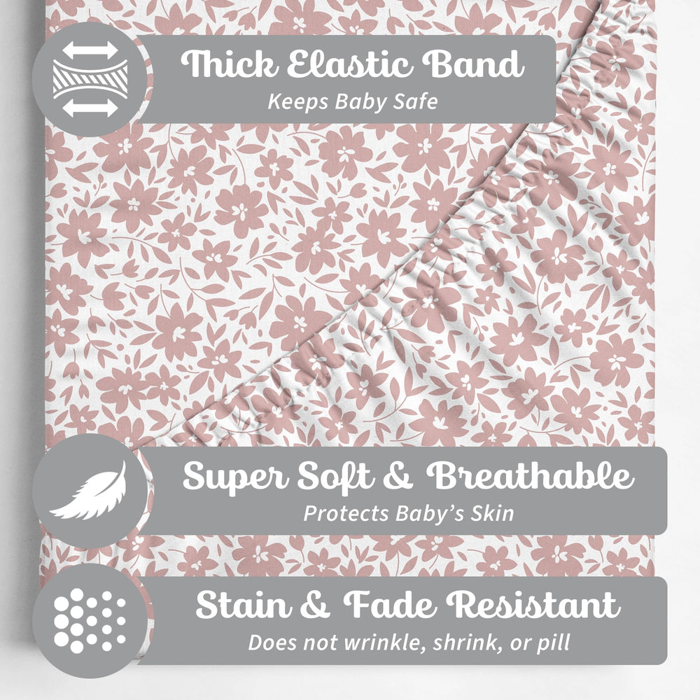 Sorrel + Fern crib sheets with thick elastic edge for secure fit.